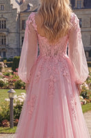 Laden Sie das Bild in den Galerie-Viewer, Pink Flower A-Linie, transparentes Korsett-Applikationskleid mit langem Abschlussball und langen Ärmeln