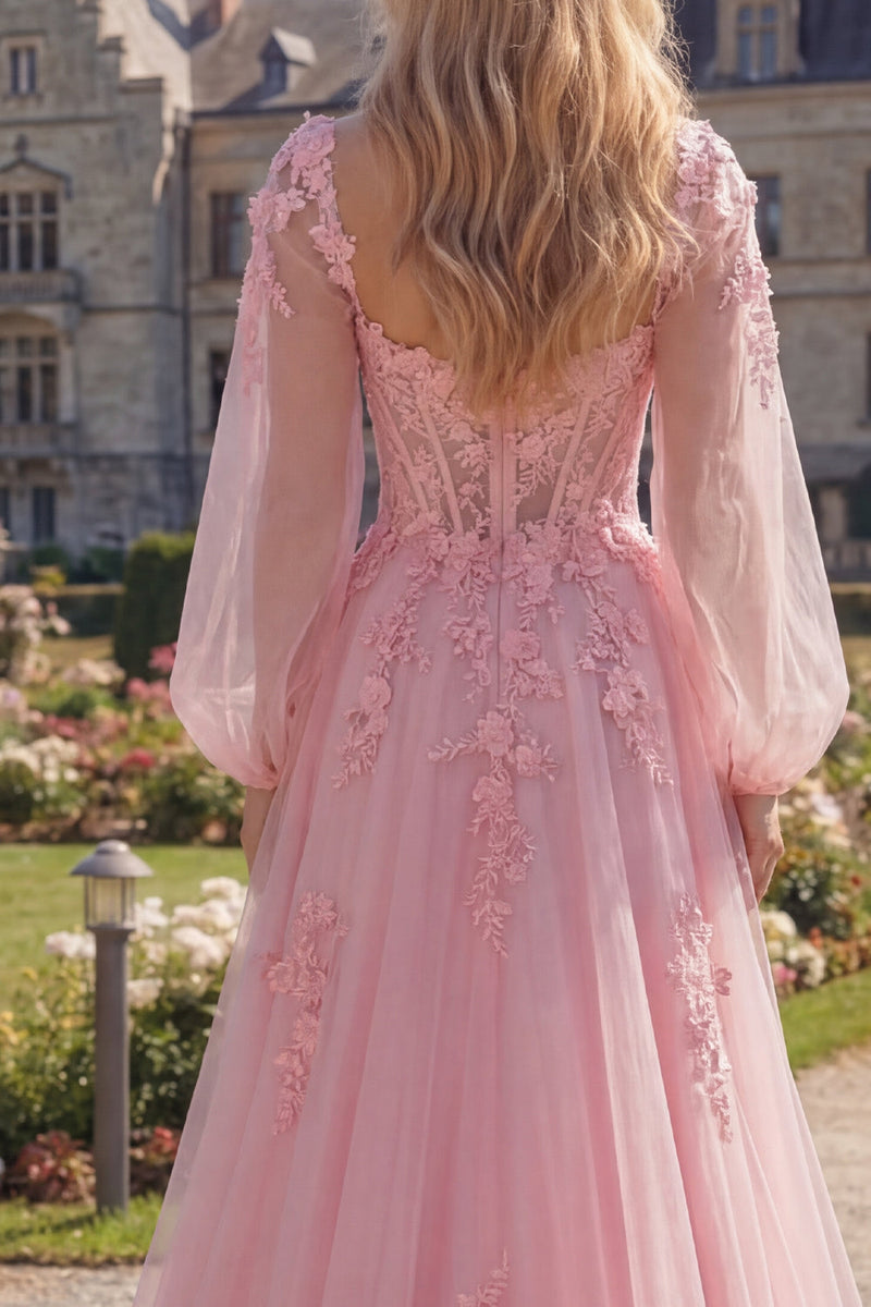 Laden Sie das Bild in den Galerie-Viewer, Pink Flower A-Linie, transparentes Korsett-Applikationskleid mit langem Abschlussball und langen Ärmeln