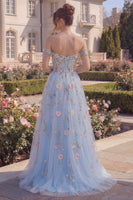 Laden Sie das Bild in den Galerie-Viewer, Blaues Tüll-A-Line-langes Ballkleid mit Off-the-shoulder Blumenkorsett und 3D-Blumen