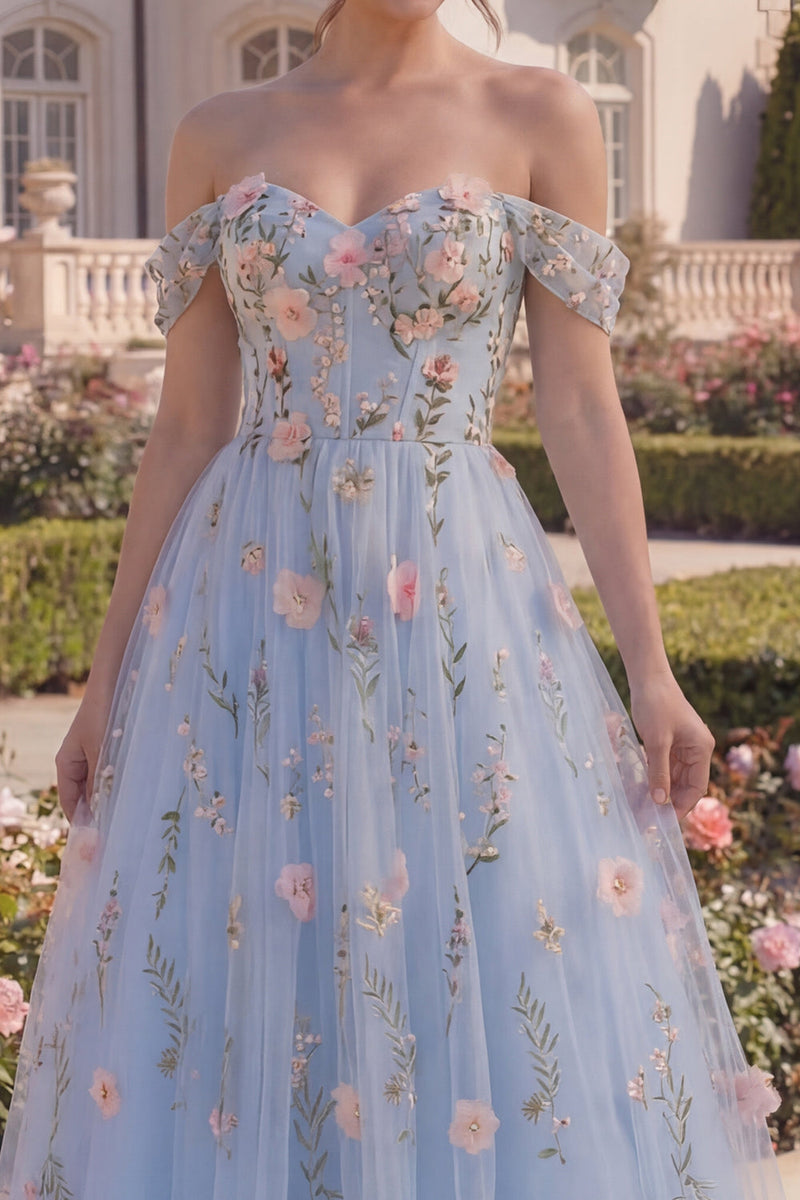 Laden Sie das Bild in den Galerie-Viewer, Blaues Tüll-A-Line-langes Ballkleid mit Off-the-shoulder Blumenkorsett und 3D-Blumen