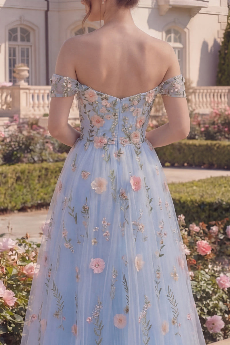 Laden Sie das Bild in den Galerie-Viewer, Blaues Tüll-A-Line-langes Ballkleid mit Off-the-shoulder Blumenkorsett und 3D-Blumen