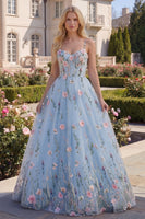 Laden Sie das Bild in den Galerie-Viewer, A-Linie langes Abschlussballkleid mit blauem Tüll-Korsett, appliquiert, mit 3D-Blumen