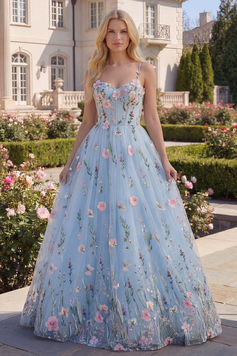 Laden Sie das Bild in den Galerie-Viewer, A-Linie langes Abschlussballkleid mit blauem Tüll-Korsett, appliquiert, mit 3D-Blumen
