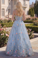 Laden Sie das Bild in den Galerie-Viewer, A-Linie langes Abschlussballkleid mit blauem Tüll-Korsett, appliquiert, mit 3D-Blumen