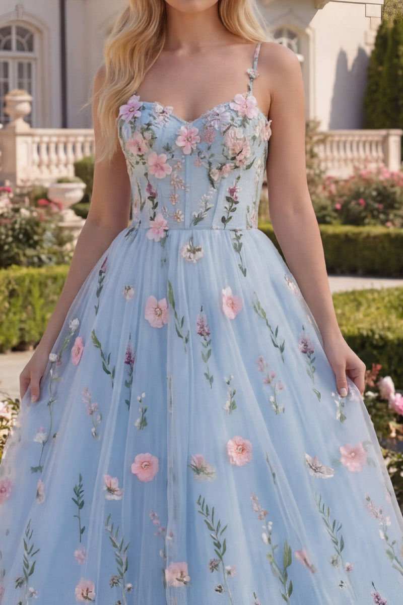 Laden Sie das Bild in den Galerie-Viewer, A-Linie langes Abschlussballkleid mit blauem Tüll-Korsett, appliquiert, mit 3D-Blumen