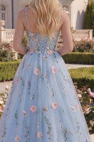 Laden Sie das Bild in den Galerie-Viewer, A-Linie langes Abschlussballkleid mit blauem Tüll-Korsett, appliquiert, mit 3D-Blumen