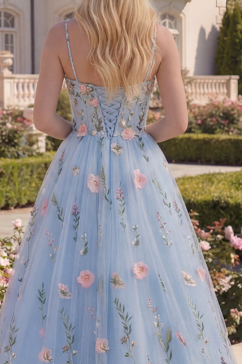 Laden Sie das Bild in den Galerie-Viewer, A-Linie langes Abschlussballkleid mit blauem Tüll-Korsett, appliquiert, mit 3D-Blumen