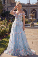 Laden Sie das Bild in den Galerie-Viewer, Tüll-A-Linie blaues Cold-Shoulder Blumenkorsett mit Applikation langes Abschlussballkleid mit 3D-Blumen