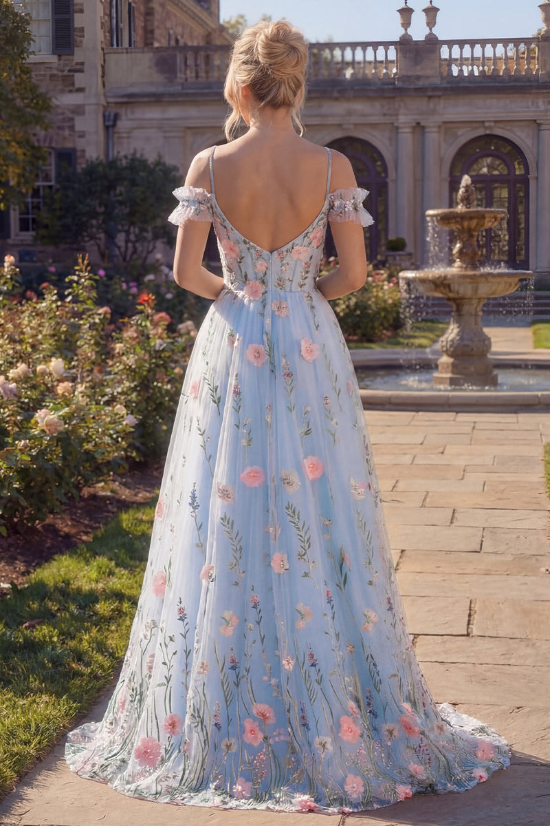 Laden Sie das Bild in den Galerie-Viewer, Tüll-A-Linie blaues Cold-Shoulder Blumenkorsett mit Applikation langes Abschlussballkleid mit 3D-Blumen