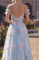 Laden Sie das Bild in den Galerie-Viewer, Tüll-A-Linie blaues Cold-Shoulder Blumenkorsett mit Applikation langes Abschlussballkleid mit 3D-Blumen