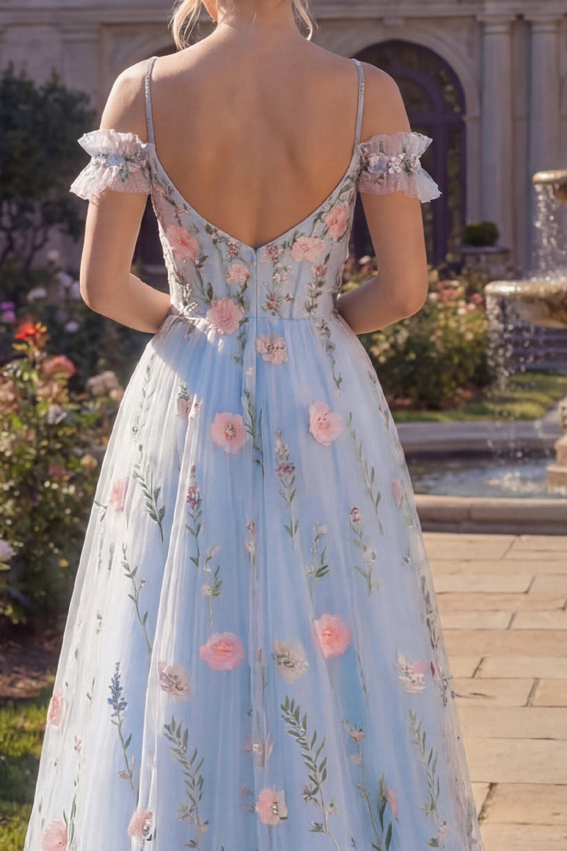 Laden Sie das Bild in den Galerie-Viewer, Tüll-A-Linie blaues Cold-Shoulder Blumenkorsett mit Applikation langes Abschlussballkleid mit 3D-Blumen