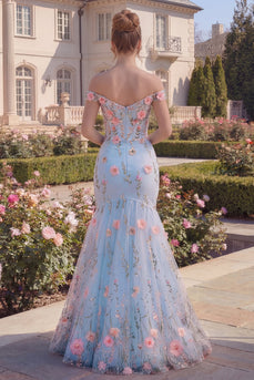 Tüllblaues schulterfreies Trompeten-Blumenkorsett mit Appliquiertem langem Abschlussballkleid mit 3D-Blumen