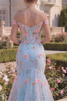 Laden Sie das Bild in den Galerie-Viewer, Tüllblaues schulterfreies Trompeten-Blumenkorsett mit Appliquiertem langem Abschlussballkleid mit 3D-Blumen