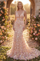 Laden Sie das Bild in den Galerie-Viewer, Champagner Tüll Meerjungfrauen V-Ausschnitt Langes Abschlussballkleid mit Blumenapplikation
