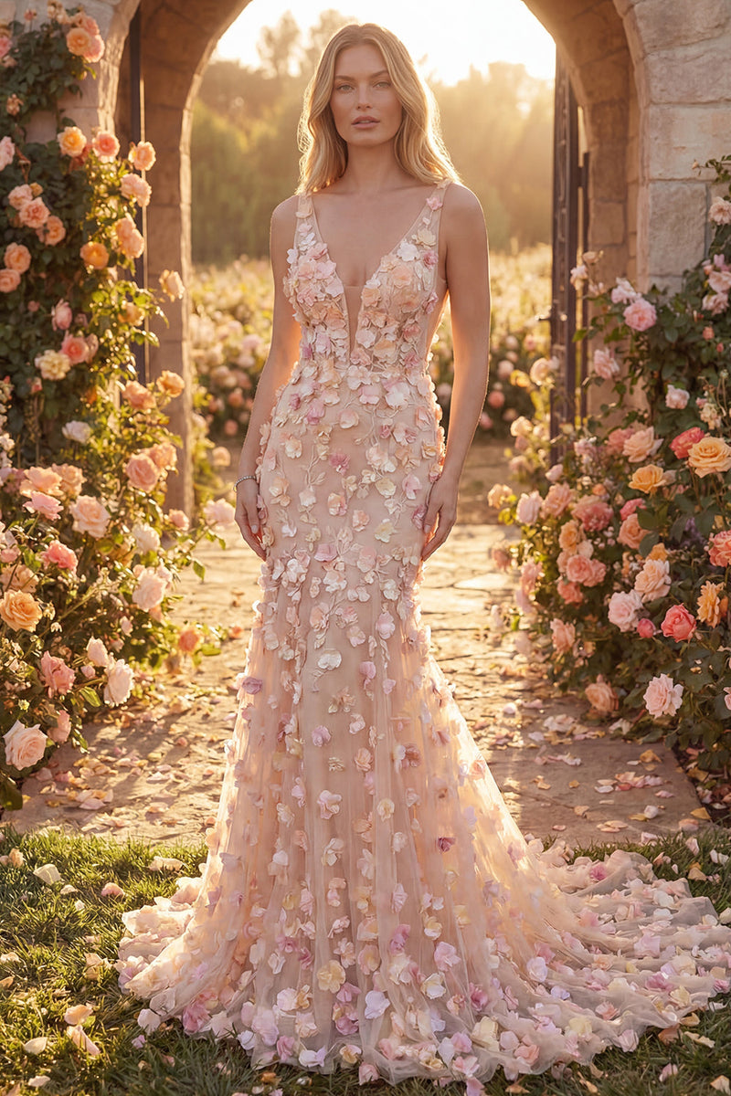 Laden Sie das Bild in den Galerie-Viewer, Champagner Tüll Meerjungfrauen V-Ausschnitt Langes Abschlussballkleid mit Blumenapplikation