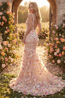 Laden Sie das Bild in den Galerie-Viewer, Champagner Tüll Meerjungfrauen V-Ausschnitt Langes Abschlussballkleid mit Blumenapplikation