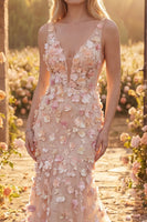 Laden Sie das Bild in den Galerie-Viewer, Champagner Tüll Meerjungfrauen V-Ausschnitt Langes Abschlussballkleid mit Blumenapplikation