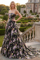 Laden Sie das Bild in den Galerie-Viewer, Schwarzes Rosa Blumiges Tüll Trägerloses A-Linie Blumen Besticktes Langes Abschlussballkleid