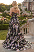 Laden Sie das Bild in den Galerie-Viewer, Schwarzes Rosa Blumiges Tüll Trägerloses A-Linie Blumen Besticktes Langes Abschlussballkleid