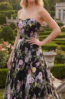 Laden Sie das Bild in den Galerie-Viewer, Schwarzes Rosa Blumiges Tüll Trägerloses A-Linie Blumen Besticktes Langes Abschlussballkleid