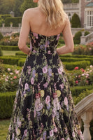 Laden Sie das Bild in den Galerie-Viewer, Schwarzes Rosa Blumiges Tüll Trägerloses A-Linie Blumen Besticktes Langes Abschlussballkleid