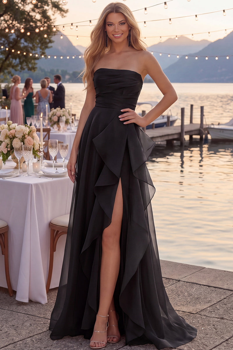Laden Sie das Bild in den Galerie-Viewer, Marineblaues Tüll A-Line Trägerloses Gerafftes Langes Abschlussballkleid mit Schlitz
