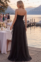 Laden Sie das Bild in den Galerie-Viewer, Marineblaues Tüll A-Line Trägerloses Gerafftes Langes Abschlussballkleid mit Schlitz