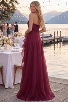 Laden Sie das Bild in den Galerie-Viewer, Marineblaues Tüll A-Line Trägerloses Gerafftes Langes Abschlussballkleid mit Schlitz