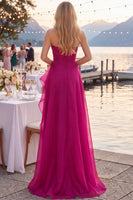 Laden Sie das Bild in den Galerie-Viewer, Marineblaues Tüll A-Line Trägerloses Gerafftes Langes Abschlussballkleid mit Schlitz