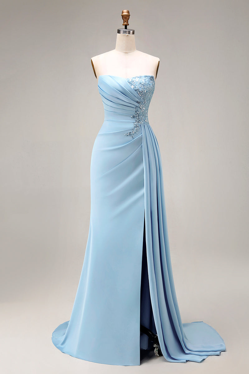 Laden Sie das Bild in den Galerie-Viewer, Satinblaues Meerjungfrauen Träger Balllkleid mit Perlenbesatz und Schlitz