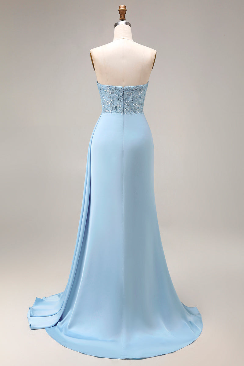 Laden Sie das Bild in den Galerie-Viewer, Satinblaues Meerjungfrauen Träger Balllkleid mit Perlenbesatz und Schlitz