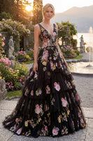 Laden Sie das Bild in den Galerie-Viewer, Schwarzes, rosafarbenes Blumen-Tüll-A-Linien-Blumenkleid mit V-Ausschnitt und gestuftem langem Abschlussball-Kleid