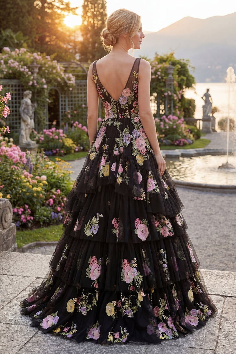 Laden Sie das Bild in den Galerie-Viewer, Schwarzes, rosafarbenes Blumen-Tüll-A-Linien-Blumenkleid mit V-Ausschnitt und gestuftem langem Abschlussball-Kleid