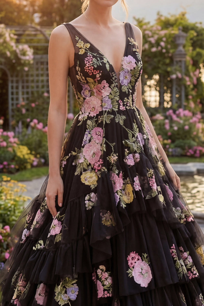Laden Sie das Bild in den Galerie-Viewer, Schwarzes, rosafarbenes Blumen-Tüll-A-Linien-Blumenkleid mit V-Ausschnitt und gestuftem langem Abschlussball-Kleid