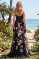 Laden Sie das Bild in den Galerie-Viewer, Schwarzes, rosafarbenes Blumen-Tüll-Scheiden, geblümtes langes Abschlussball-Kleid mit Schlitz