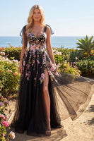 Laden Sie das Bild in den Galerie-Viewer, Tüll-Schwarz-Pink Flower Sweetheart A-Linie besticktes langes Abschlussballkleid mit Schlitz