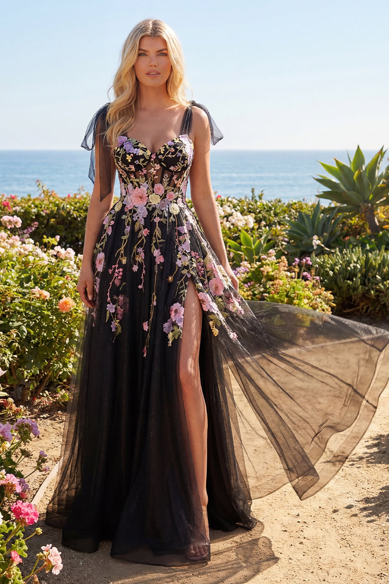 Laden Sie das Bild in den Galerie-Viewer, Tüll-Schwarz-Pink Flower Sweetheart A-Linie besticktes langes Abschlussballkleid mit Schlitz