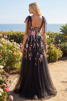 Laden Sie das Bild in den Galerie-Viewer, Tüll-Schwarz-Pink Flower Sweetheart A-Linie besticktes langes Abschlussballkleid mit Schlitz