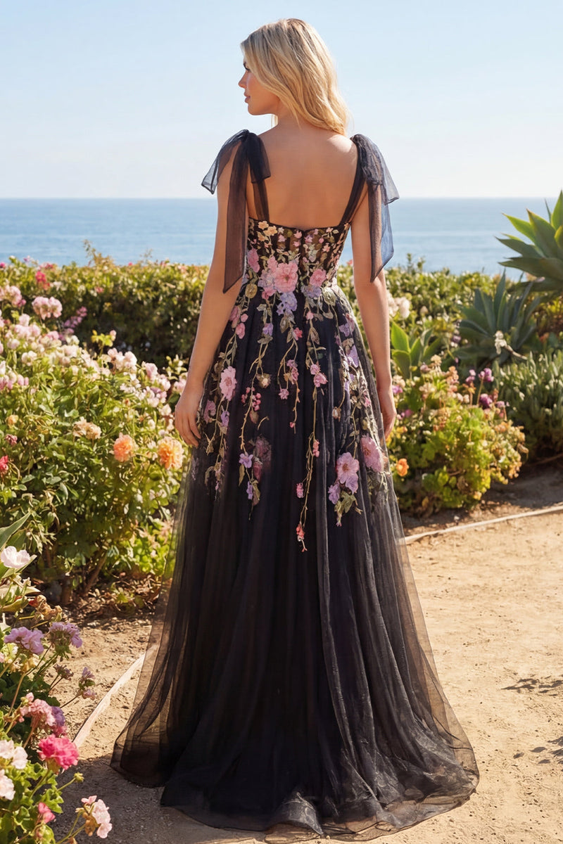 Laden Sie das Bild in den Galerie-Viewer, Tüll-Schwarz-Pink Flower Sweetheart A-Linie besticktes langes Abschlussballkleid mit Schlitz
