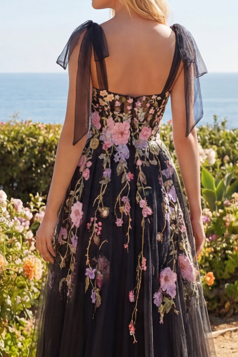 Laden Sie das Bild in den Galerie-Viewer, Tüll-Schwarz-Pink Flower Sweetheart A-Linie besticktes langes Abschlussballkleid mit Schlitz
