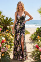 Laden Sie das Bild in den Galerie-Viewer, Tüll-Schwarz-Rosa Blumenscheide Blumen-Stickerei langes Abschlussballkleid mit Schlitz