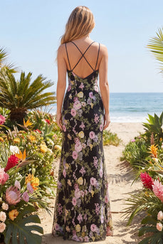 Tüll-Schwarz-Rosa Blumenscheide Blumen-Stickerei langes Abschlussballkleid mit Schlitz