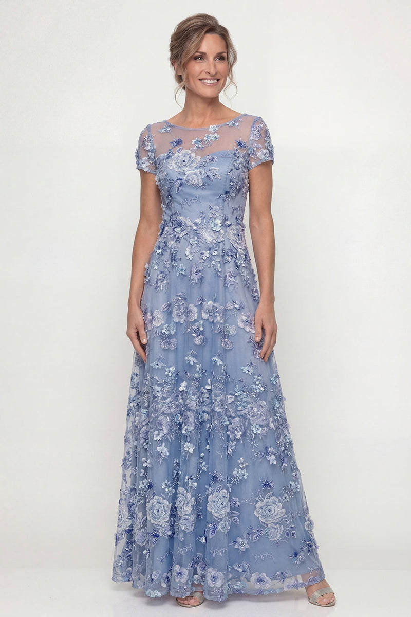Laden Sie das Bild in den Galerie-Viewer, Staubiges Blau A-Linie Kurzärmel Mutter der Braut Kleid mit Stickerei