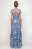 Laden Sie das Bild in den Galerie-Viewer, Staubiges Blau A-Linie Kurzärmel Mutter der Braut Kleid mit Stickerei