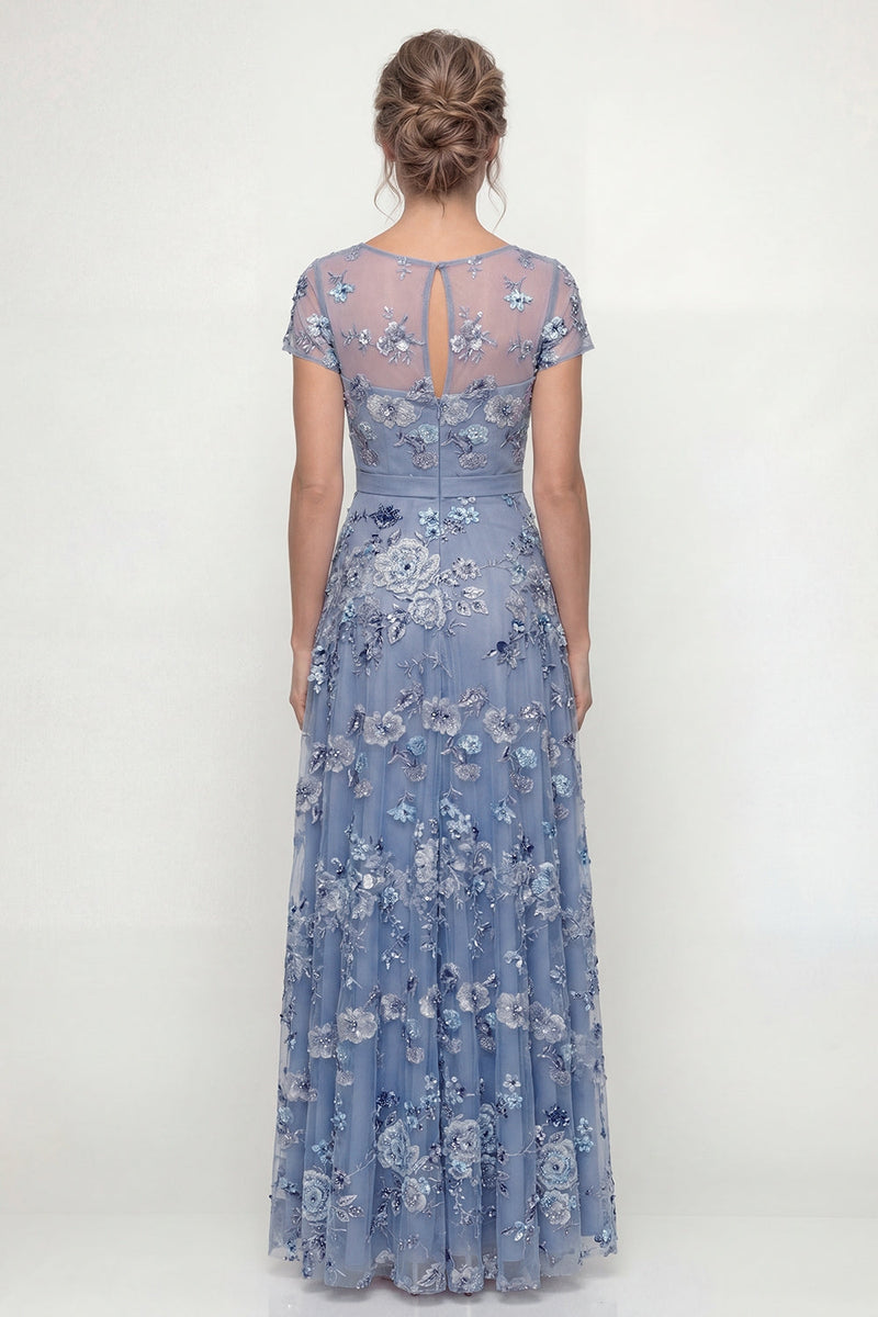 Laden Sie das Bild in den Galerie-Viewer, Staubiges Blau A-Linie Kurzärmel Mutter der Braut Kleid mit Stickerei