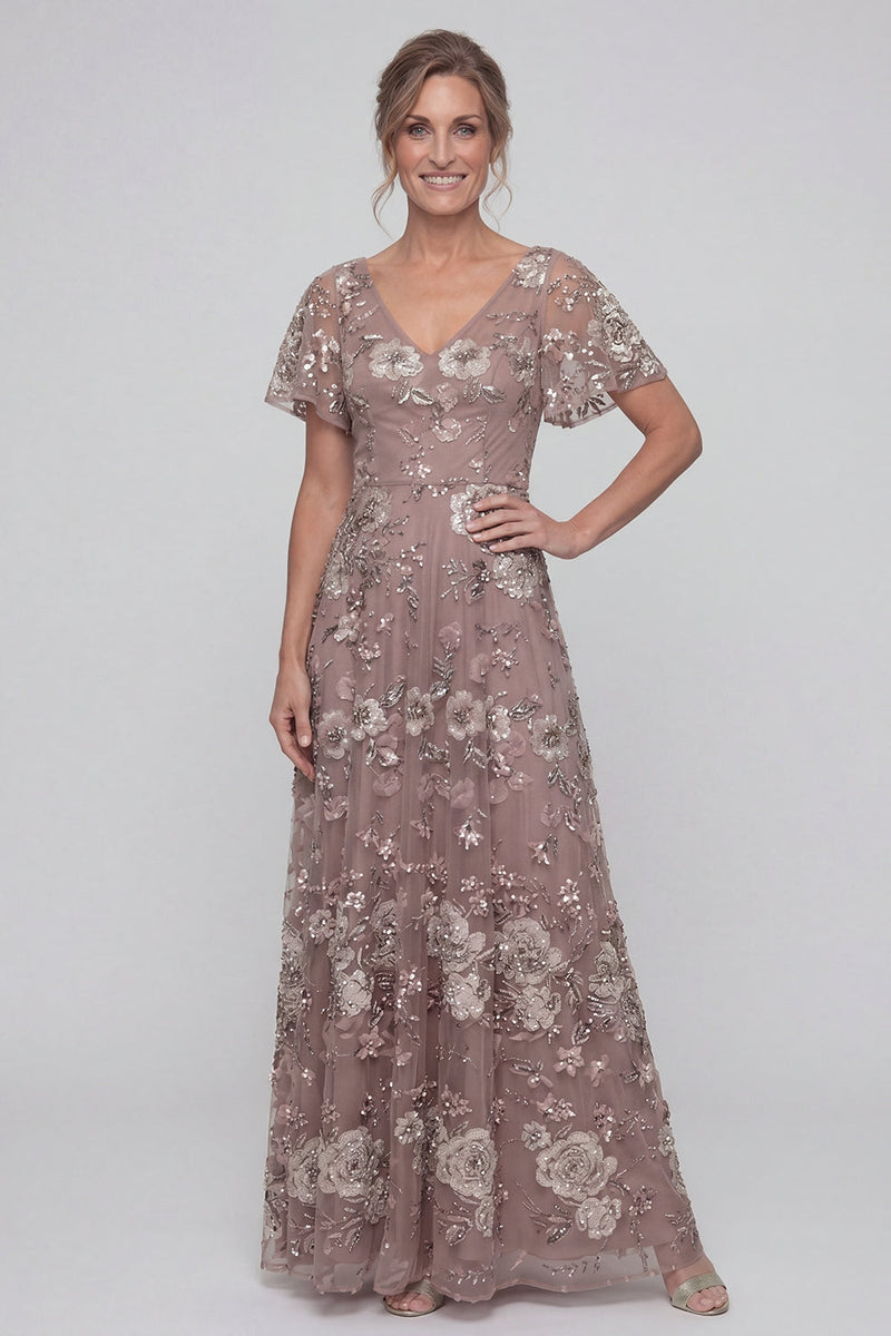 Laden Sie das Bild in den Galerie-Viewer, Dusty Rose Pailletten A-Linie V-Ausschnitt Langes Mutter der Braut Kleid