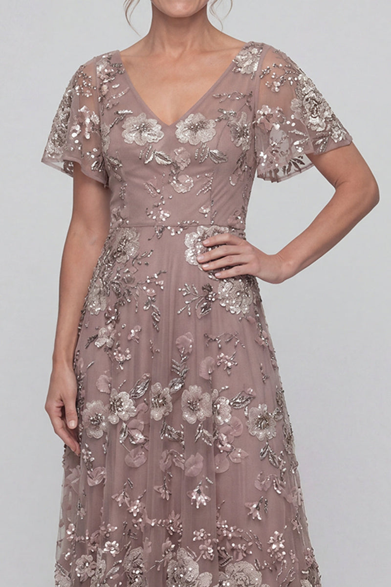 Laden Sie das Bild in den Galerie-Viewer, Dusty Rose Pailletten A-Linie V-Ausschnitt Langes Mutter der Braut Kleid