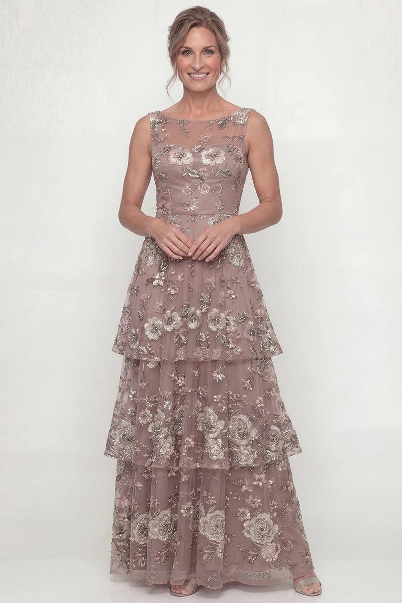 Laden Sie das Bild in den Galerie-Viewer, Staubige Rose Blume A-Linie Gestuftes Rüschen Langes Mutter der Braut Kleid mit Pailletten
