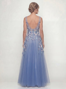 Staubblaues A-Linie Applikiertes V-Ausschnitt Langes Mutter der Braut Kleid