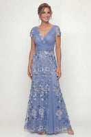 Laden Sie das Bild in den Galerie-Viewer, Staubiges Blau A-Linie Kurzärmel Mutter der Braut Kleid mit Applikationen